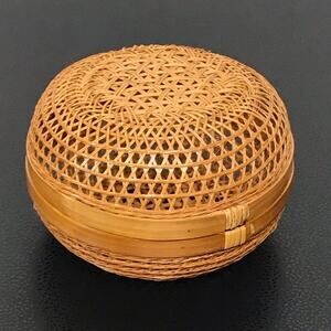 Vintage Rattan Wicker Woven Basket Lidded Trinket Box Bowl Display Storage MCM